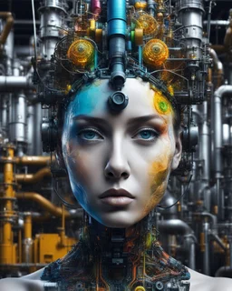 high quality illustration of a front complex woman face head mixed with a chemical plant (detailed eyes, nose, mouth , neck), surreal, visible brain, made of recycled colored objects all around and inside of head, dark industrial interior background , 4k, HDR, UHD, all in focus, clean, no grain, concept art