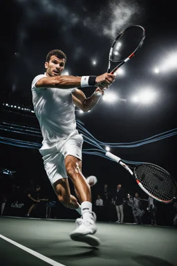 A hyper-realistic, A dynamic shot of Grigor Dimitrov in mid-air as he smashes a backhand. Photo Real, HOF, full size, practicality,manufacturability,performance, (((realism, realistic, realphoto, photography, portrait, , realistic, beautiful, elegant, charming, apocalyptic environment, professional photographer, captured with professional DSLR camera,trending on Artstation, 64k, ultra detailed, ultra accurate detailed, bokeh lighting, surrealism, Thomas Kinkade background,