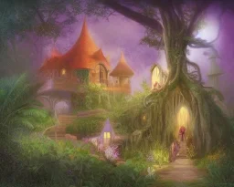 mystical house on a hot tropical island, fantasy art, surreal art, beautiful little fairies sitting on the trees,