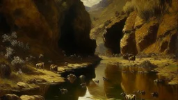 A brownish bronze canyon with tar pits painted by Claude Monet