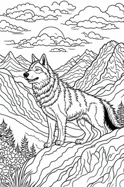 DRAW TO COLORING OF A WOLF ON A MOUNTAIN, BLACK AND WHITE CARTOON STYLE, LOW DETAILS, THICK LINES, NO SHADINGLINES