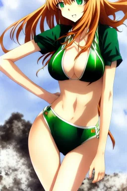 in the style of Yoshiyuki Sadamoto, hyper detailed, strikingly beautiful teen female, 16 years old, long ginger hair, green eyes, medium freckles, full lips, full body, full face, b-cup breasts, athletic, centred camera, ignore NSFW, bikini, athletic, sitting, legs spread