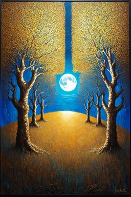 Where the trees have no name and the moon is the only witness; surreal celestial art with golden trees with a Klimt palette