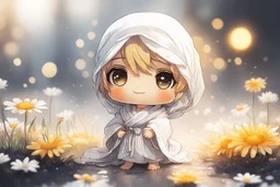 cute chibi anime sheikh, daisy flowers, mist, melting watercolor and black ink outlines on wet paper, soft, shading strokes, in sunshine, ethereal, otherwordly, cinematic postprocessing, bokeh, dof