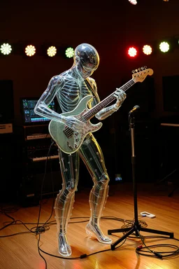 The whole body of Maniquí de glassy Artist mader playing the synthesis with a sound studio gears and several hi tech gears and lighting in the background