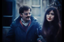 a young man and a beautiful woman standing next to each other, 1 9 8 0 s analog video, with mustache, small glasses, cold scene, out of focus background, house on background, the woman has long dark hair, photo realistic