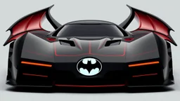 batmobile concept inspired from a 2025 ford mustang dark horse with a large elaborate spoiler and batman symbol style fins, batman symbol in grille, lower wind deflector. red stripes like 1960s adam west batmobile