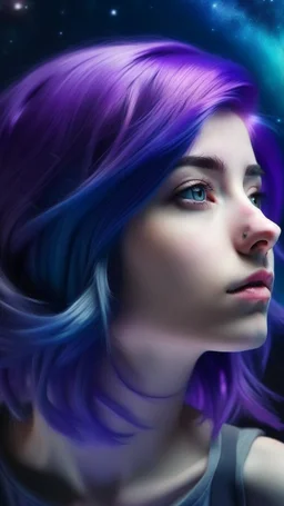 beautiful girl with purple hair dreaming of a space world and can see a man reflect in the space