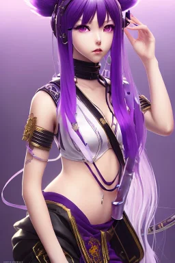 Detailed cute anime Kunoichi girl, purple hair buns, purple bangs, black latex bodysuit, intricate details, full body portrait, keep head in frame, slight smile, black Japanese motif, concept art, highly detailed, digital painting, concept art, sharp focus, illustration, art by Yoji Shinkawa, WLOP and greg rutkowski and alphonse mucha and artgerm and yanjun Chen and Junji ito and Makoto Shinkai, HDR, octane render