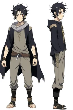 "Draw an anime character, a man with a black hair and full body, wearing traditional Arab clothing. He has white eyes outlined in black. He has a cold appearance, short hair, and a tan complexion. Draw it in the style of the anime 'Vanitas.'"