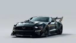 batmobile concept inspired from a black 2025 ford mustang dark horse with a large elaborate spoiler and batwing style fins, batman symbol in grille, lower wind deflector