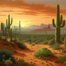 A light rosy orange colored arid stretch of land with electrical cacti painted by Ivan Aivazovsky