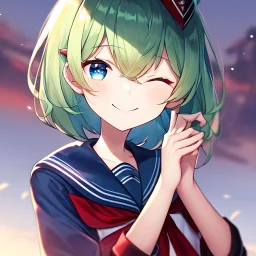 Clear focus, High resolution, short light green hair, blue eyes, wearing a sailor uniform, red tie, wearing a sailor skirt, eyes closed, smiling, 1girl, spiky hair, not alot of hair on the side of her head