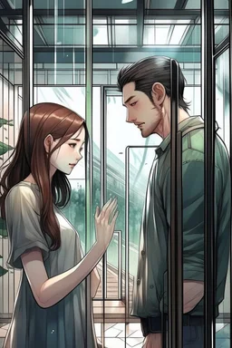 The cover of the song of a girl looks at a man and wants to go to him but there is a glass wall that prevents her and he can't see her Photorealistic