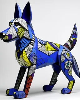A violet ice elemental German shepherd designed in Indian Gond art painted by Roy Lichtenstein