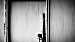 unhinged door, anime, monochrome, black background, ink, simple, maximum quality, broken hinge, barely functioning, why is it still being used it's a health hazard, centered on frame, far