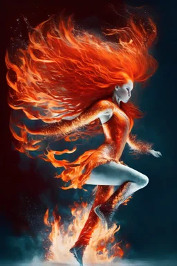 figure skater on ice with fiery red long hair strong pose and flames nearby