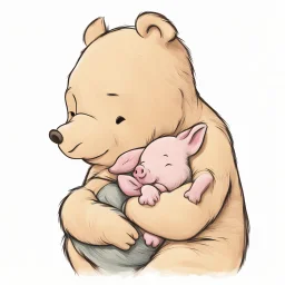 simple illustration of Winnie the pooh cuddling piglet. White background.