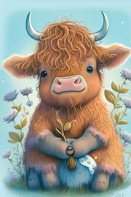 Adorable cute happy baby scottish highland cow with dreamy eyes, sitting down and holding a flower, nursery art, very rendered polished Perfect, smooth edges, flawless Facial Features, Stunning, Whimsical Fantasy, Cute, Highly Detailed, Well Rendered, cartoon, illustration