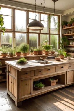 The exterior of a kitchen whit 2 window and a lot of natural sunlight and with a warm Color palette and many plants with a island cabinet in the middle In the style of rustic furniture in different angles