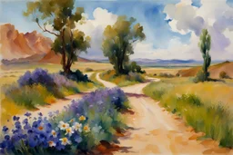 Sunny day, clouds, dirt road, flowers, mountains, big rocks, trees, sci-fi, john singer sargent watercolor paintings