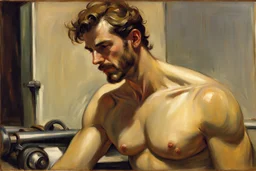 A handsome masculine shirtless scruff greasy dirty mechanic, Edward hopper John singer Sargent oil painting