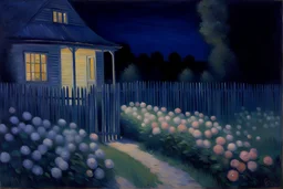 Night, flowers, garden, fence, distant cabin, gustave caillebotte impressionism painting