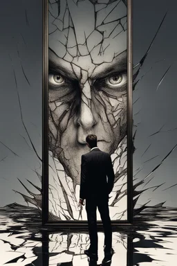 a man looking into a shattered mirror and seeing a horrifying, abstract monstrous reflection
