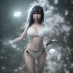 hitomi tanaka, full body, dress white, long black hair, vilage, realistic, intriacte detail, sci-fi fantasy style, volumetric lighting, particales,highly detailed,cinamatic, deep colours,8k