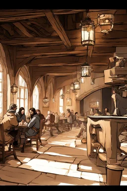 Lots of People sitting around tables in a medieval tavern with a stone floor, add people to the chairs