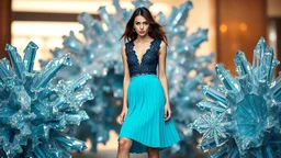 A fashion model poses with a dark cyan decollete lace top, pleated midi skirt, and silver heels. The scene features metallic and crystal 3D fractal structures. The image has a blurred bokeh effect, vibrant complimentary colors.