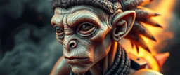 close up portrait with fine pores and real skin texture, clear transparent skin, wise eyes, hairy macho disco alien indian Homunculus – living in a hi tech marvellous hot dog art graphics and rune stone on rocket with a mounted sling shot mega harpoon, heading for venus , background motion blur and smoke swirls