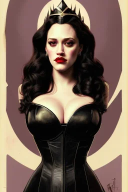 painting of kat dennings as evil queen in black leather gown, feminie, angry, stern look on her face, volouptous, busty, cleavage, emperious, mature, highly detailed, digital painting, artstation, concept art, smooth, sharp focus, illustration, art by gaston bussiere and alphonse mucha