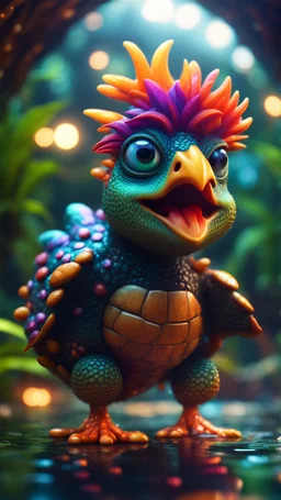 Psychedelic fire breathing space chicken turtle dragon with friendly cute face and hair like a rocker, in dark lit reflective wet jungle metallic hall dome hotel tunnel, in the style of a game,bokeh like f/0.8, tilt-shift lens 8k, high detail, smooth render, down-light, unreal engine, prize winning