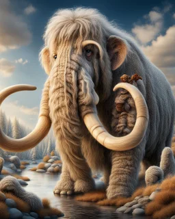 An ultra-detailed, ultra-intricate image of a wooly mammoth, almost entirely composed of yarn instead of fur. The Flo 'n Images shows a patchwork of yarn in tans, whites, & black in place of the hair. His face has tightly knitted cashmere yarn with expressive eyes. Other than his yarn coat the wooly mammoth is realistic looking and is in a beautiful hendry fantasy landscape of lakes and unusual plants, his fur is made of yarn with several skeins of yarn balls. The fantasy landscapte merges with