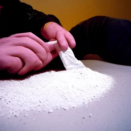 A man sniffing cocaine through rolled dollar paper, cocaine is on table, Close-up to action