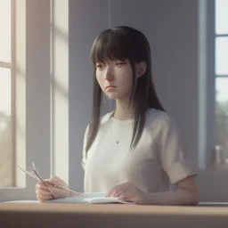 female student studying by the window, anime style,perfect face, cool face, unreal engine 5, cinema4d, sun light, studio lighting --ar 1:1 --v 4