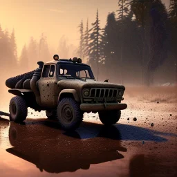 stylized hyperrealistic shot, muddy aggressive military toy truck, monotone color palette, sharp focus, puddle reflection, tire water splash, refraction, mist on the horizon, sunset, rocks background, detailed and intricate, cinematic composition, micro, tilt shift photography, unreal engine 5, octane render, 8k, cinematic lighting