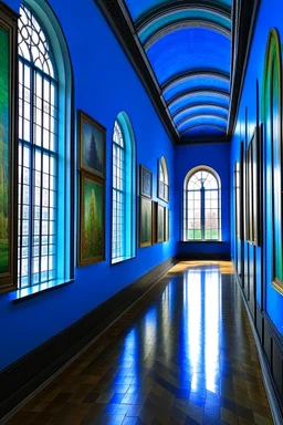 An exhibition of paintings whose side walls are in the shape of an oval and made of blue glass and its floor is light with a wall in the middle of the hall to divide it into two parts with a corridor at the beginning and end of the wall and the paintings displayed are old and historical with a window at the end