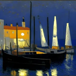 Boats in the marina with a lightouse in the distance painted by Klimt