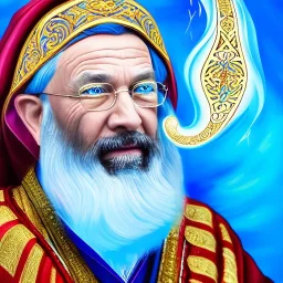 portrait painting of a wizard, ultra highly detailed, intricate details, shiny, sky blue eyes, pipe smoke, metallic, robes, embroidery, runes