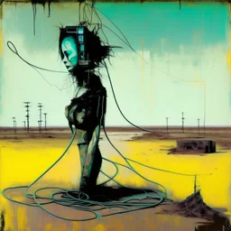 Dystopian future women twisted body with retro monitor head and handing wires. In desolate landscape. With a concrete decaying block. Abstract oil painting in style of Justin Mortimer.