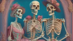 Famous Skeleton Couple Posing together wearing 1920's Hollywood Grandeur; Surreal, Intricately Detailed, Beautiful, Colorful, award-winning, high definition, ultra-detailed, beautiful, rose tones