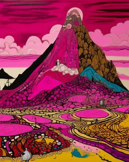 A brownish magenta mountain with tar pits designed in native American petroglyphs painted by Wassily Kandinsky