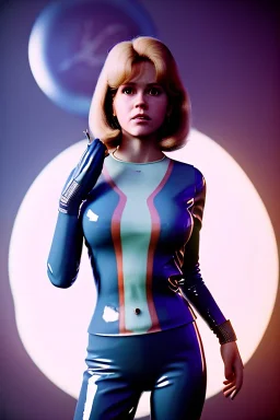 Ultra Realistic retro sci-fi portrait image from 1960, New York, spaceship, sweet young Jane Fonda, tight latex suit, weapon, fighting stance, soft color, highly detailed, unreal engine 5, ray tracing, RTX, lumen lighting, ultra detail, volumetric lighting, 3d, finely drawn, high definition, high resolution.