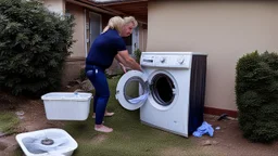 married couple drains water out of household washing machine