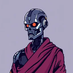 8 bit pixelart of a terminator like robot, synthwave, budist monk robe