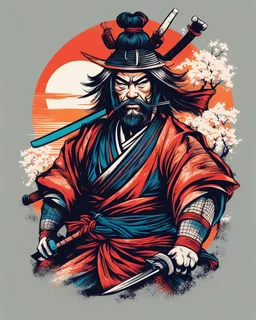 illustration for t-shirt design of a japanese samurai, vector illustration, optimize for bold lines, vibrant colors suitable for printing, centered, isolated, illustration, vibrant