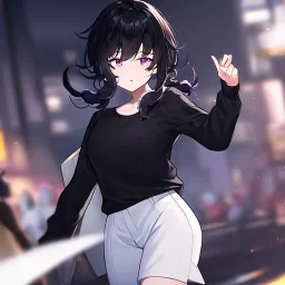 Clear focus, High resolution, short black fluffy hair, purple eyes, long spiky locks, wearing a black sweater with a white collar, long sleeved shirt, wearing white shorts, angry