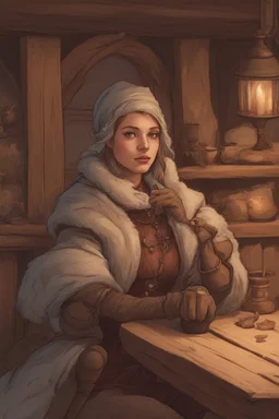 DnD style, medieval beautiful woman dressed in warm winter clothes sitting in a tavern